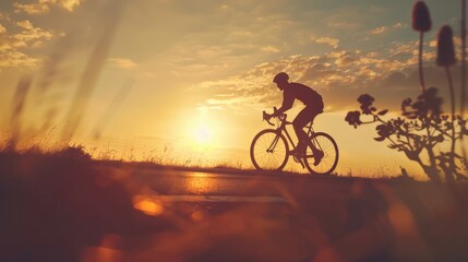 Obraz premium Silhouette of a cyclist riding into a sunset with wildflowers in the foreground.