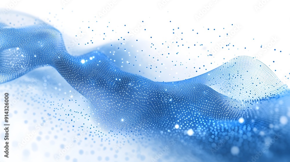Poster abstract blue wave with glowing particles and a white background, representing technology, data flow