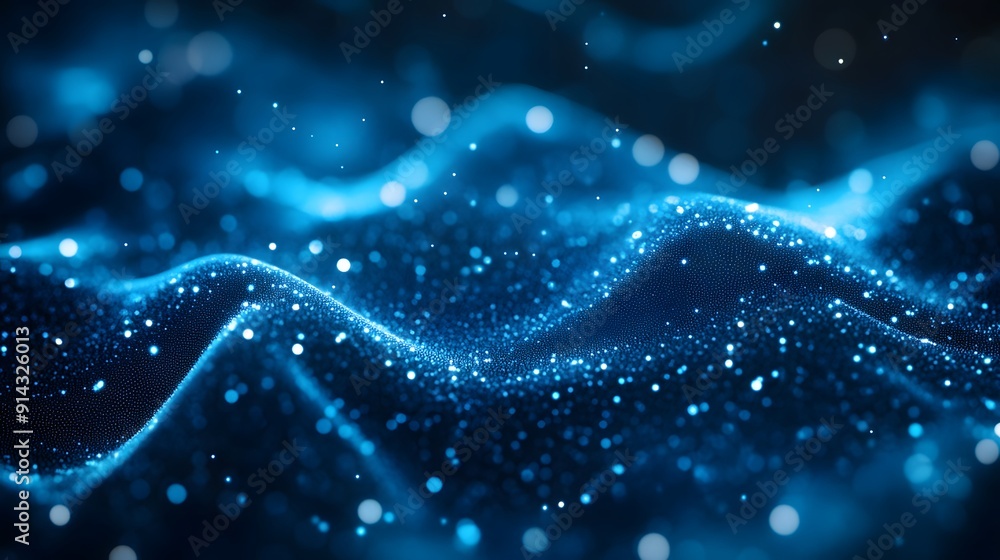 Poster abstract blue wavy pattern with glowing particles resembling stars in the night sky, creating a mesm