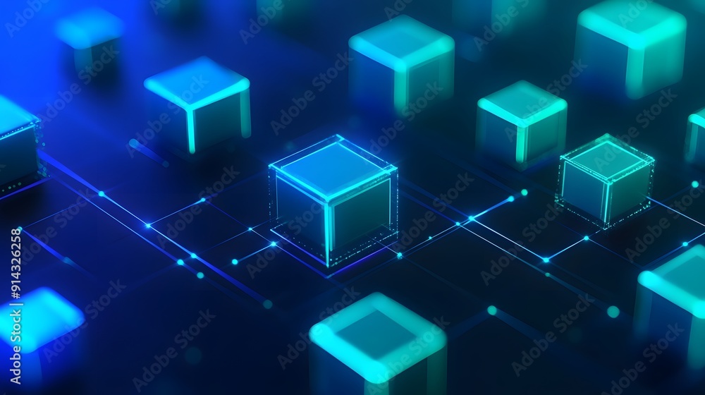 Poster abstract digital blockchain technology with glowing cubes representing data transfer and storage, bl