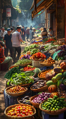 Fototapeta premium Vibrant Street Market Scene Featuring Fresh Produce and Lively Interactions in Urban Setting