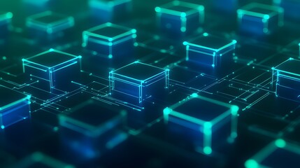 Obraz premium Abstract digital blockchain concept with glowing cubes and futuristic circuitry, representing data security and decentralized network.