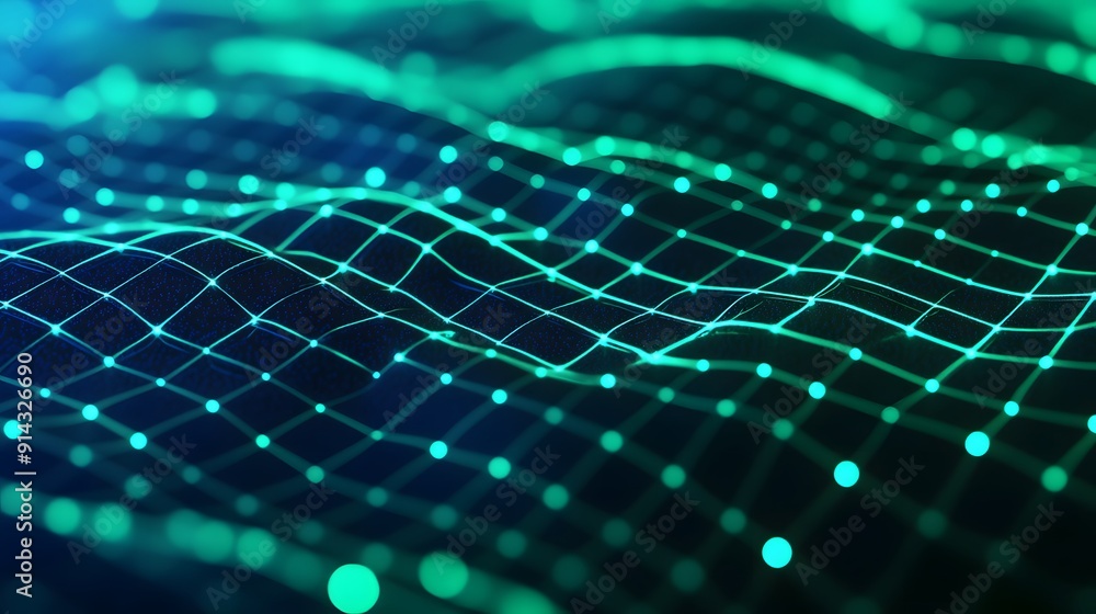 Poster abstract digital landscape with a network of glowing lines and dots, representing technology, data, 