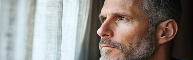 Fototapeta premium A thoughtful man reflects on life while looking through the window