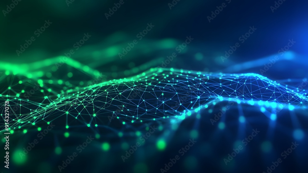 Poster abstract digital landscape with glowing connections and network nodes, representing futuristic techn