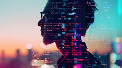 Silhouette of a man with glasses, overlaid with digital code, against a cityscape backdrop.  Represents technology, innovation, and the future.