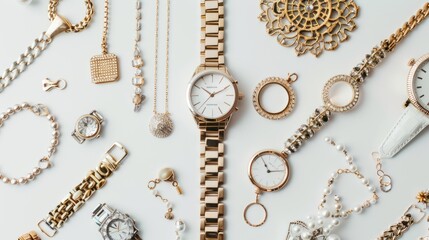 Lay flat jewelry with bracelets, watches, and brooches on a white background.