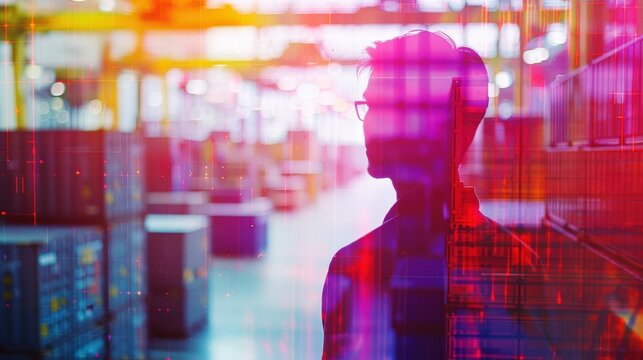Silhouette of a person in a server room, with a digital overlay suggesting technology and data.