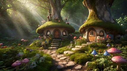 Fairytale tree house in a mysterious forest, house of pixies and elves. template for design.