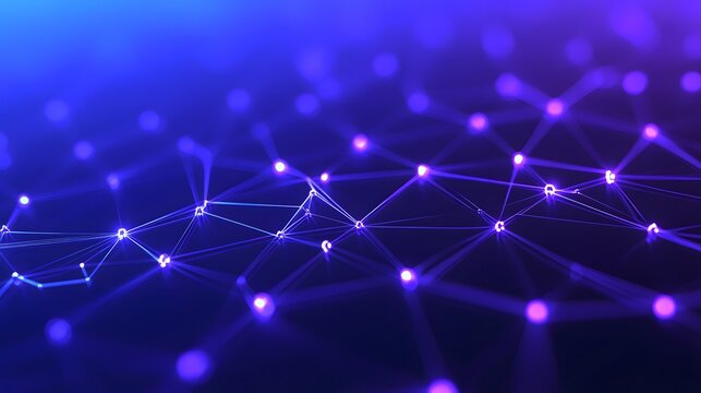 Abstract digital network background with glowing purple nodes and connecting lines. Futuristic technology and data visualization illustration.