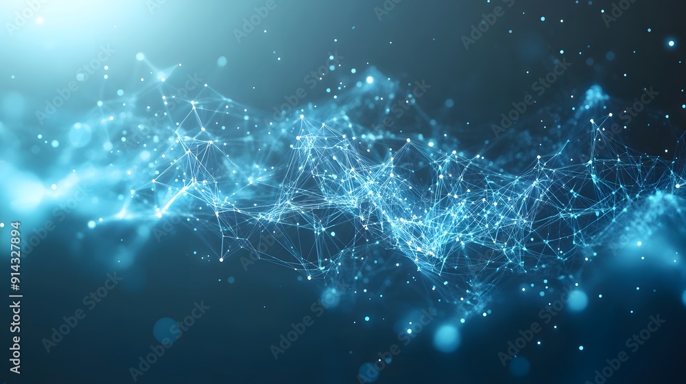 Poster abstract digital network connections in blue tones with glowing nodes and lines on a dark background