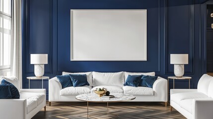 Modern Minimalist Living Room with Elegant Decor and Customizable Art Frame on Blue Wall Luxury Interior Design Concept