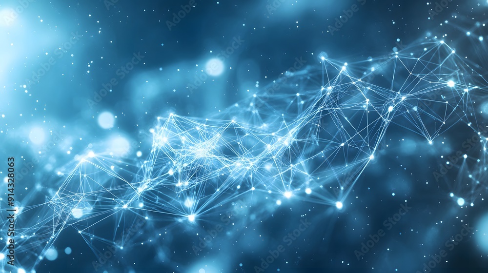 Poster abstract digital network technology concept with interconnected nodes and lines on a blue background