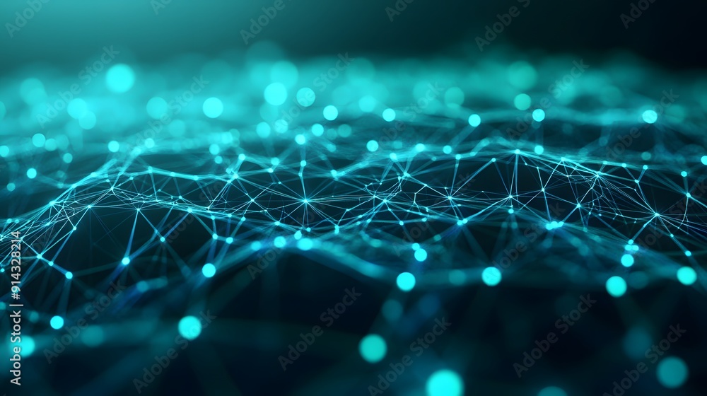 Poster abstract digital network visualization with glowing blue nodes and connections representing data, te