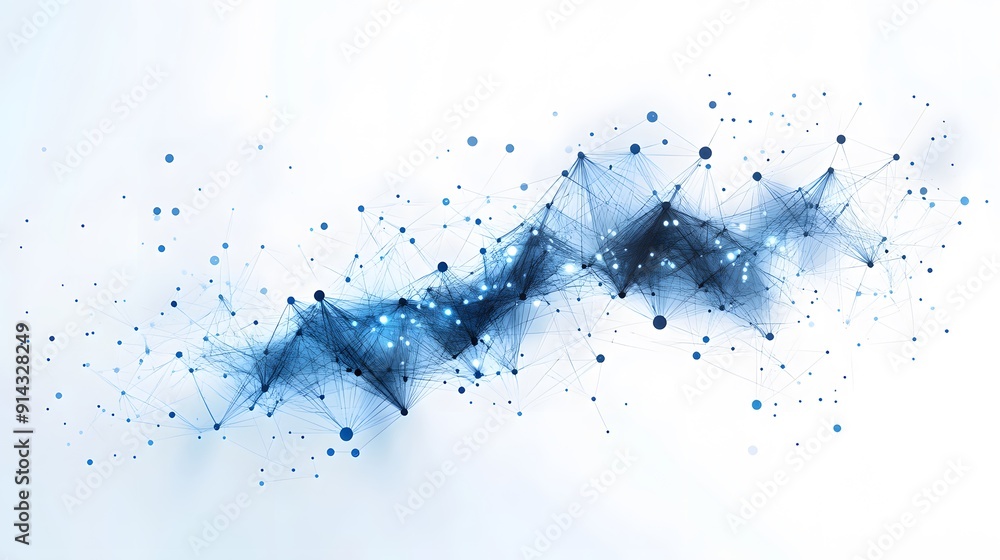 Poster abstract digital network with blue lines and dots on a white background, representing data communica