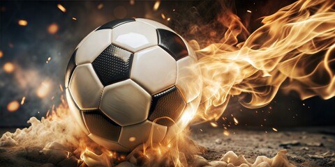 Fototapeta premium Soccer ball surrounded by flames on dirt field