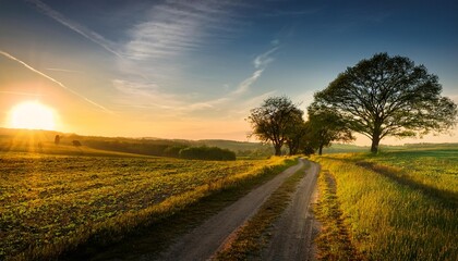 Obraz premium Scenic a field with trees and dirt way on sunset view