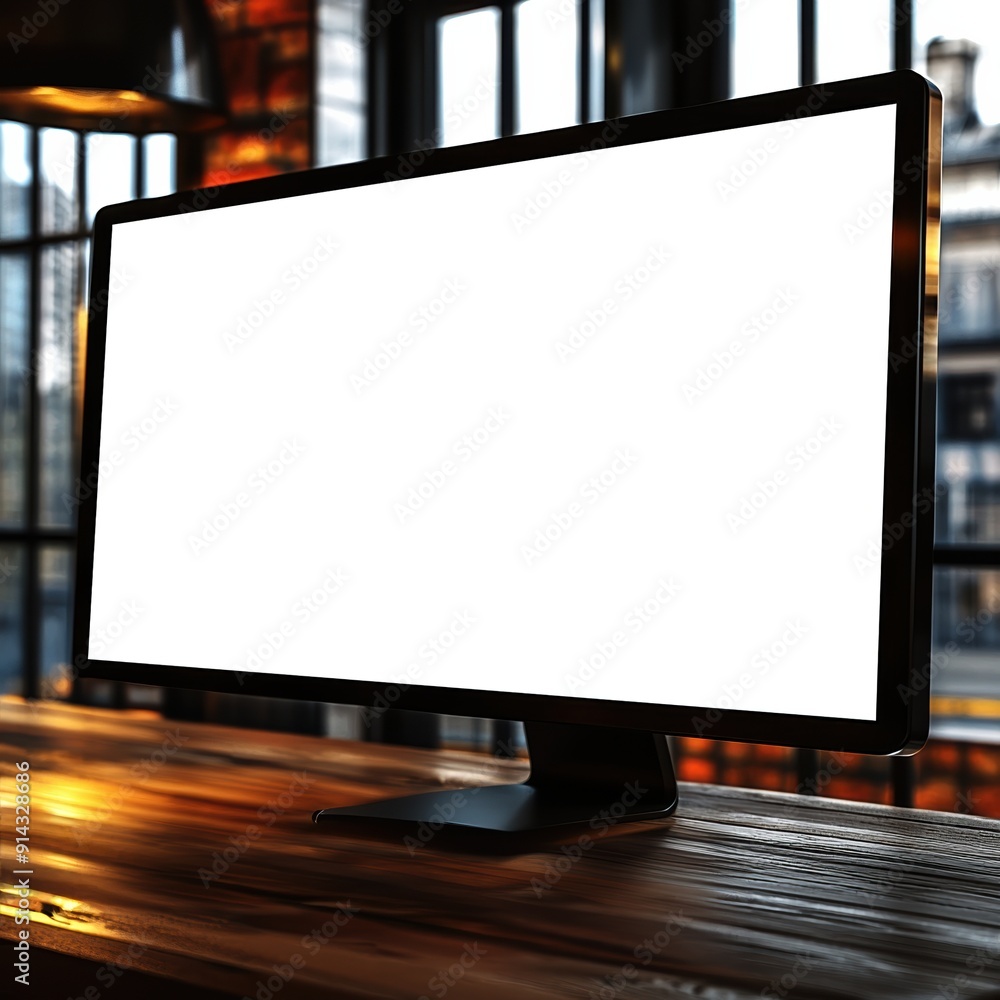 Poster modern computer monitor with blank screen on wooden desk in cozy office space with large windows and