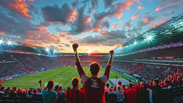 Back view of football supporters at a packed stadium in the evening, cheering on their preferred football team. capturing the title