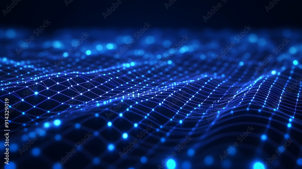 Poster abstract digital wave of glowing particles in a futuristic network. blue technology and data visuali