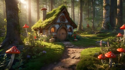 Fairytale tree house in a mysterious forest, house of pixies and elves. template for design.