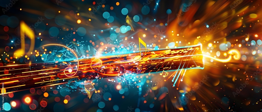 Poster abstract music background with glowing notes and bokeh.