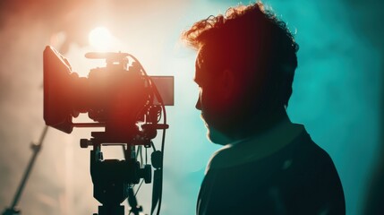 Silhouette of a videographer filming in a studio with colorful lighting.