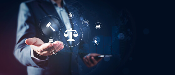 Lawyer with law related icons, copy space