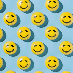 Fototapeta premium A row of yellow smiley faces are arranged on a blue background