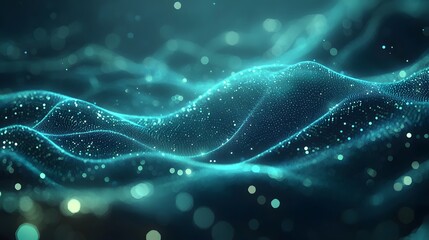 Abstract digital wave of particles on dark background, showcasing dynamic motion and futuristic technology concept.