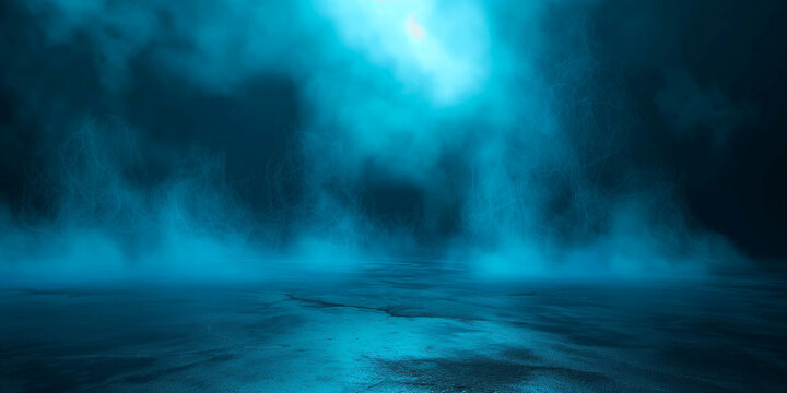 Abstract blue background with empty street scene, Studio room with smoke and concrete floor texture for product display.
