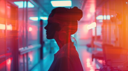 Silhouette of a woman in profile, with vibrant red and blue neon lights in the background.