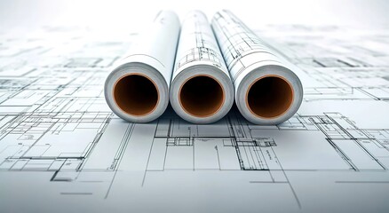  detailed illustration of three rolls or blueprints on top, with architectural drawings in the background