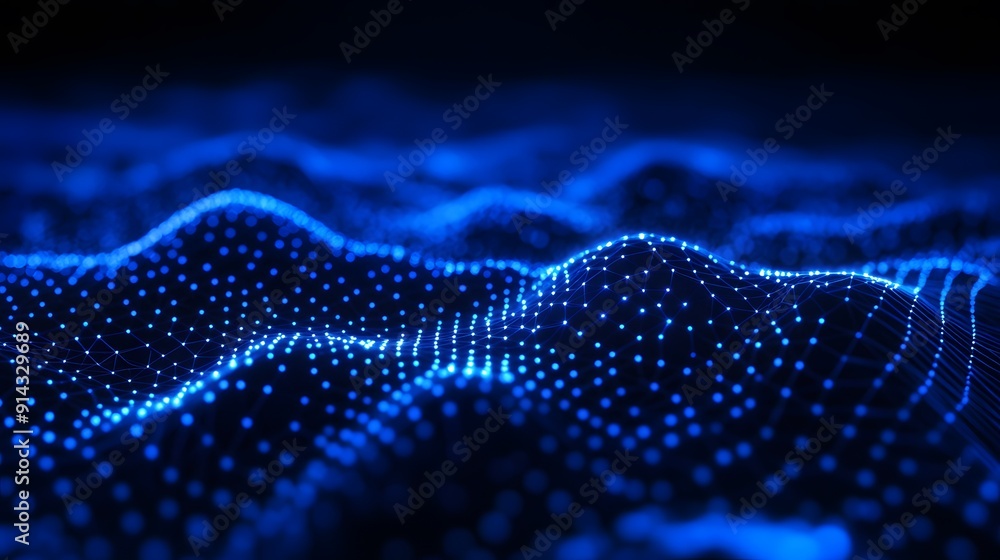 Poster Abstract digital wave with glowing blue dots on a dark background, representing data, technology, and network connection concepts.