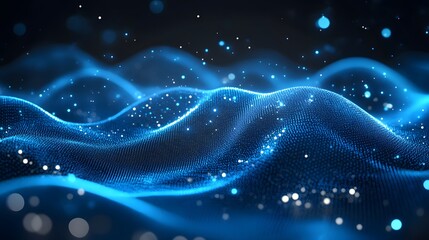 Abstract digital wave with blue glowing particles and lines in motion, representing futuristic technology and data flow concept.