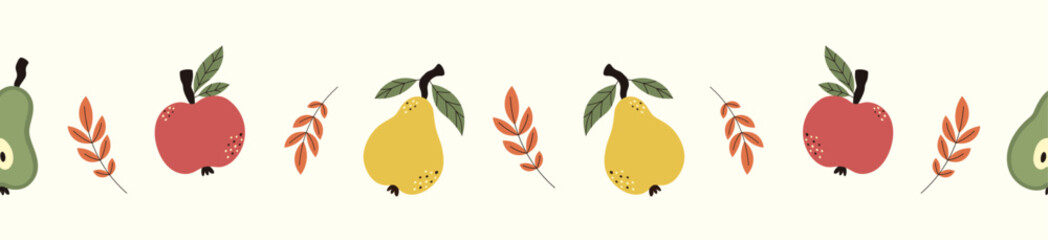 Autumn pattern with seasonal ripe fruits. Seamless design with apples, pears and leaves. 