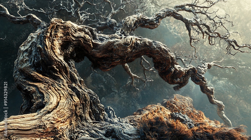 Poster twisted and gnarled tree trunk in a misty forest setting