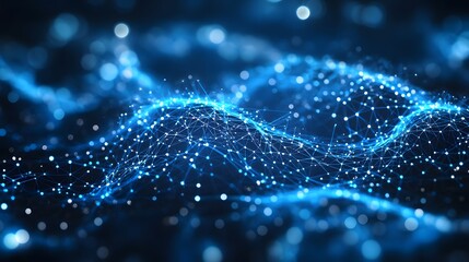 Abstract digital wave with glowing dots, representing futuristic data, network, technology, and connection in blue background.