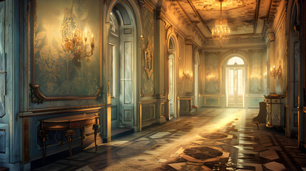 A large, empty room with a chandelier hanging from the ceiling