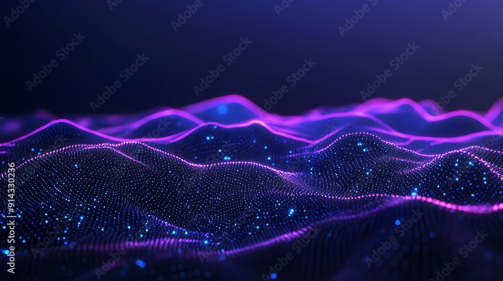 Poster abstract digital waves with neon lights flowing in a dark background, representing futuristic techno