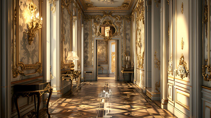 A long hallway with a chandelier hanging from the ceiling