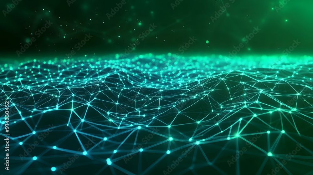 Poster abstract futuristic digital landscape with glowing network connections and points of light, represen