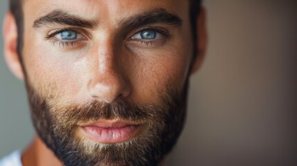 Obraz premium A man with a beard and blue eyes is looking at the camera