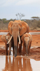 Elephants of Tsavo drinking at waterhole in red earth