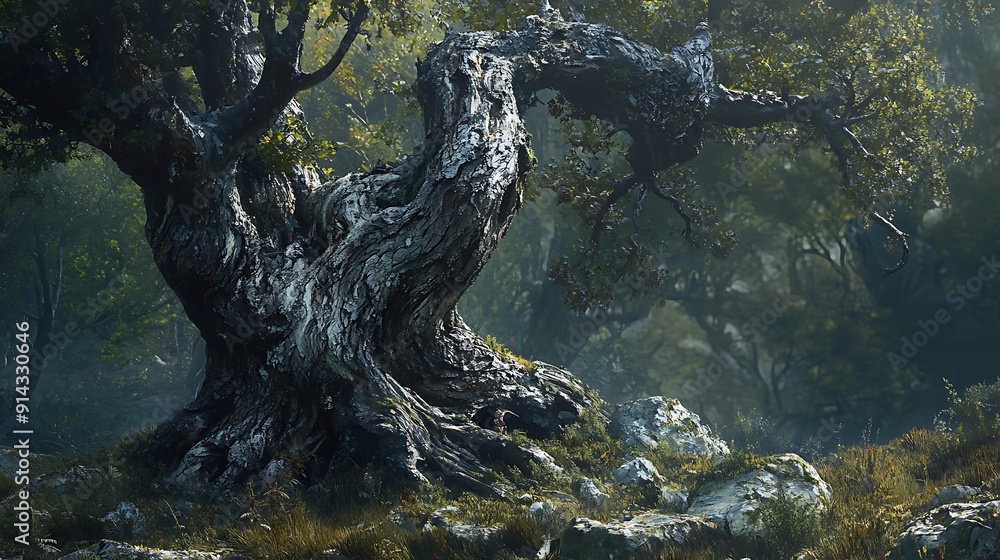 Poster a twisted tree in a misty forest