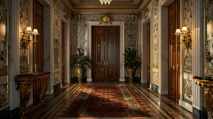 Fototapeta premium A long hallway with a red carpet and a large plant in the middle