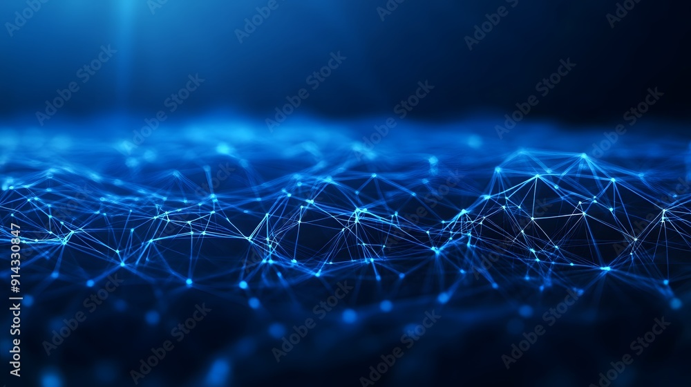 Poster abstract futuristic network of glowing blue lines and dots representing a digital data network and c