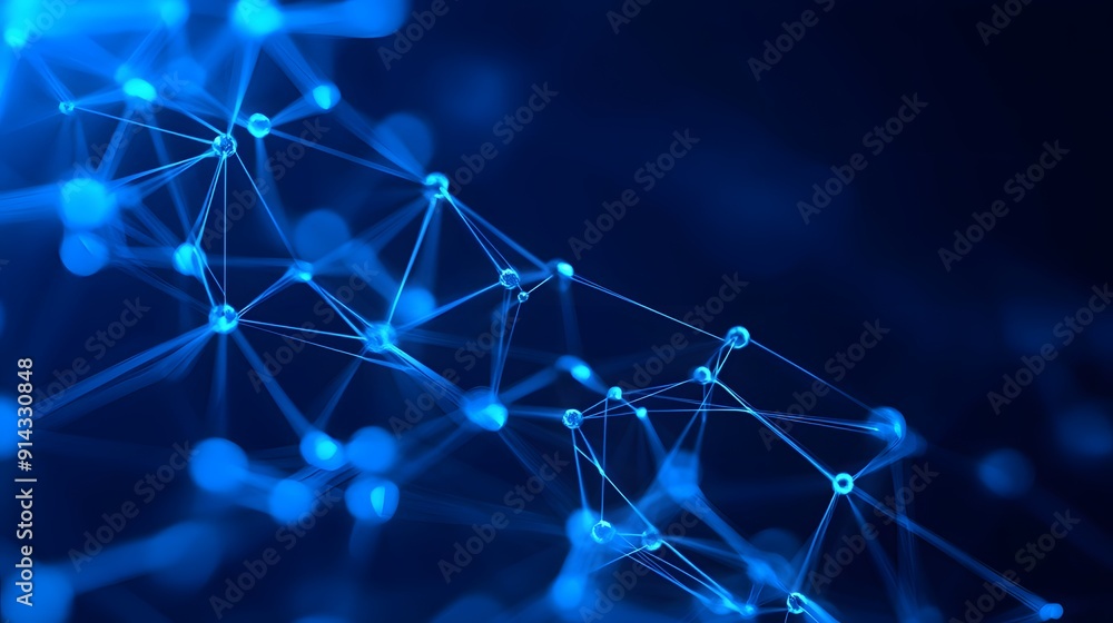 Poster abstract futuristic network with glowing blue lines and nodes on dark background, representing conne