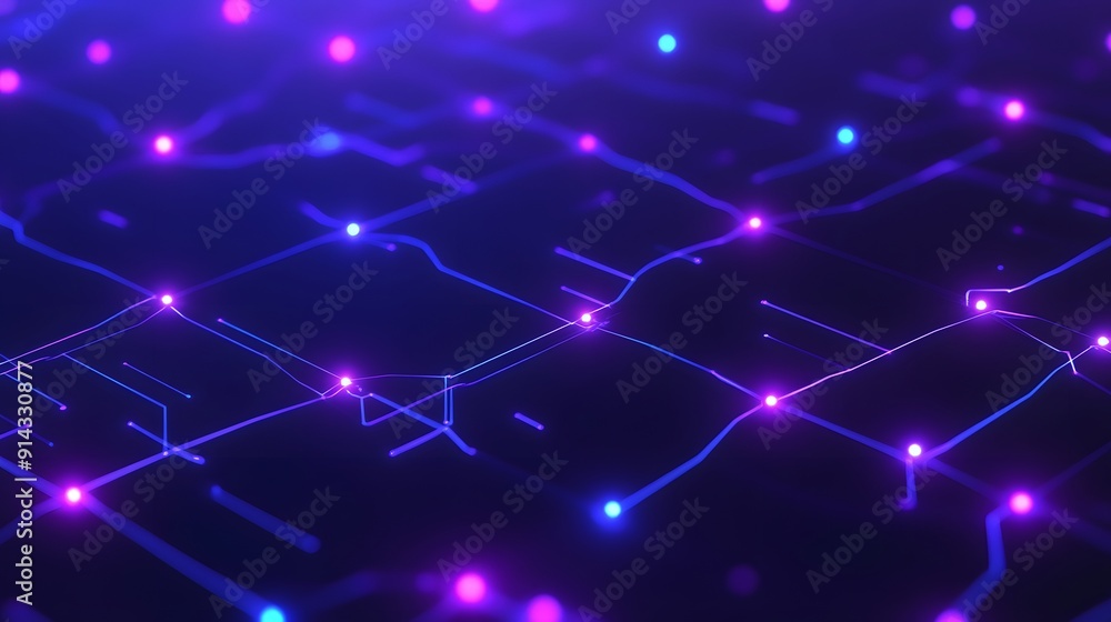 Poster abstract futuristic network with glowing purple and blue lights depicting tech and data concepts.