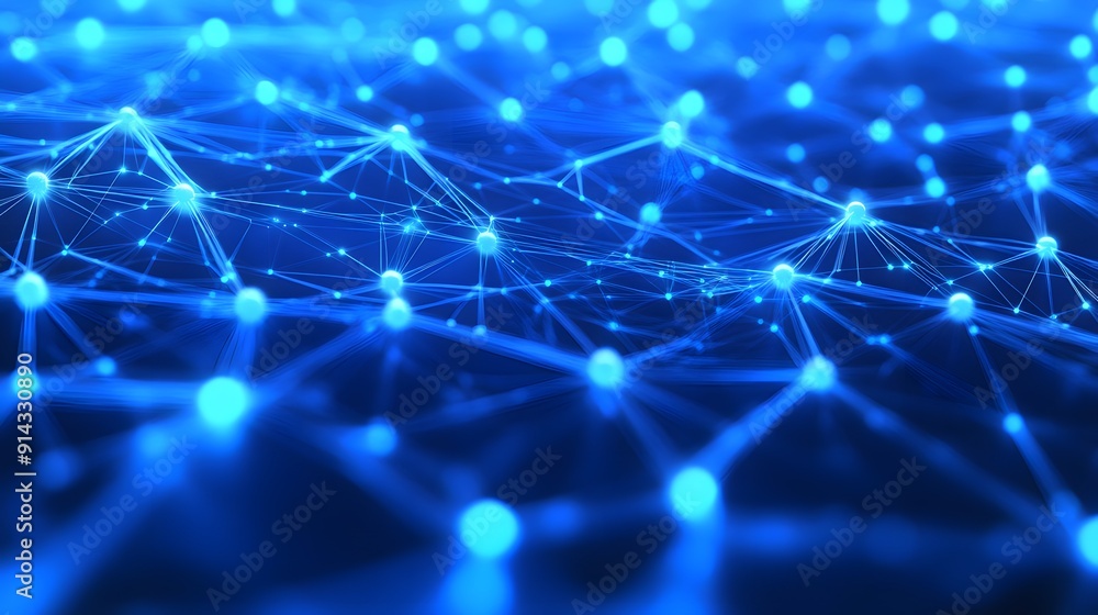Poster abstract futuristic technology network illustration with interconnected nodes and glowing lines on a